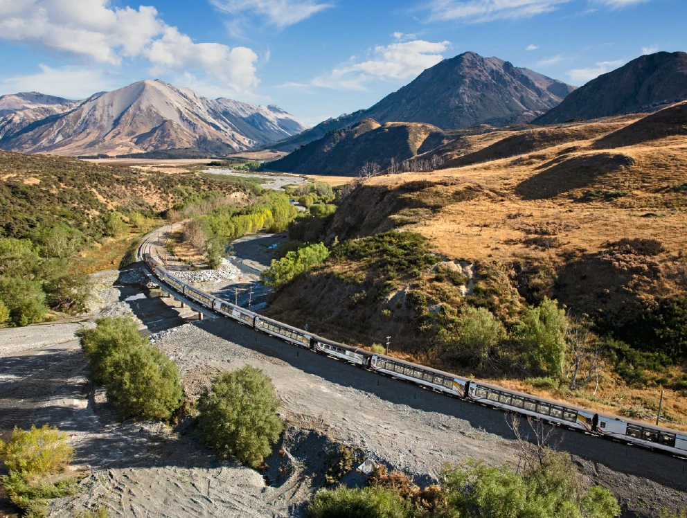 TranzAlpine train meandering through countryside with mountainous backdrop