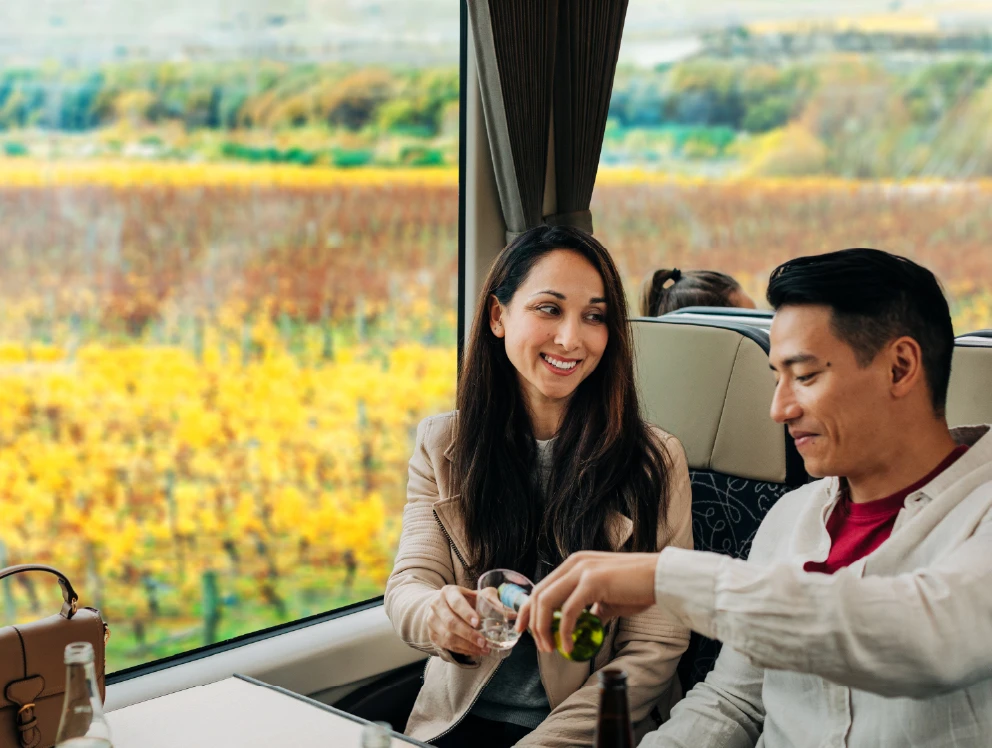 Couple pouring a glass on wine from their seats on a scenic train
