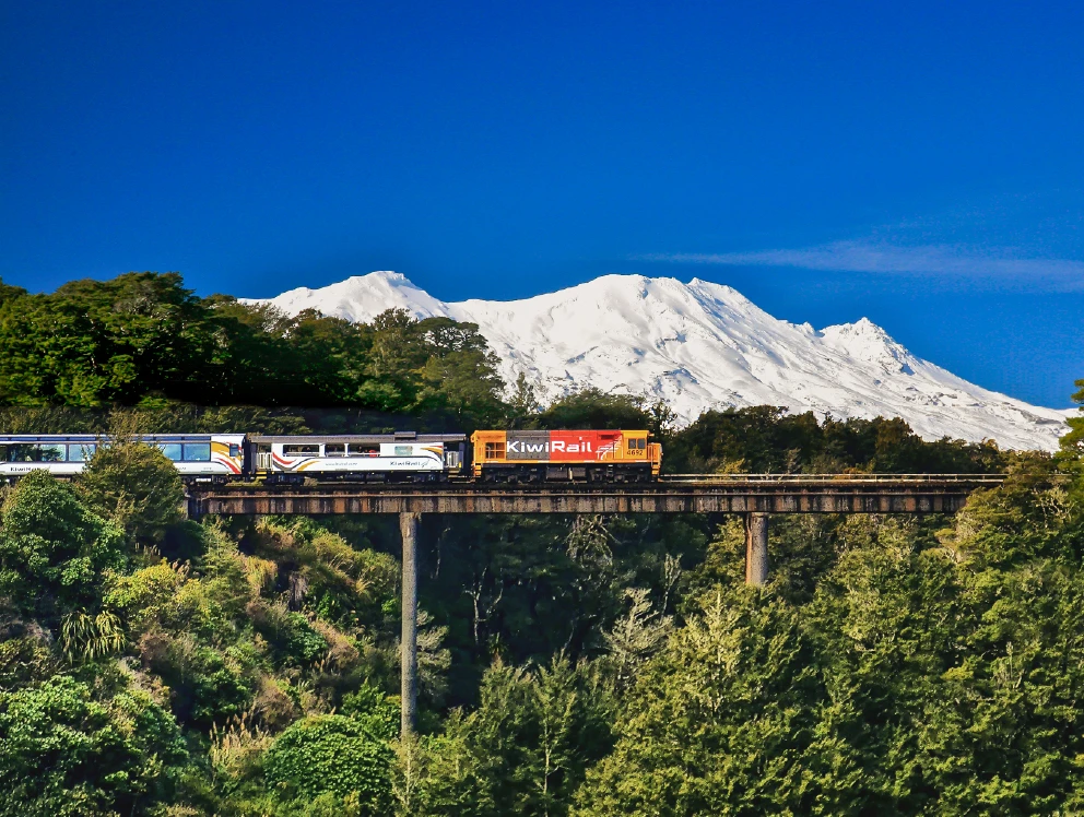 Northern Explorer passing a snow-covered Mount Ruapehu