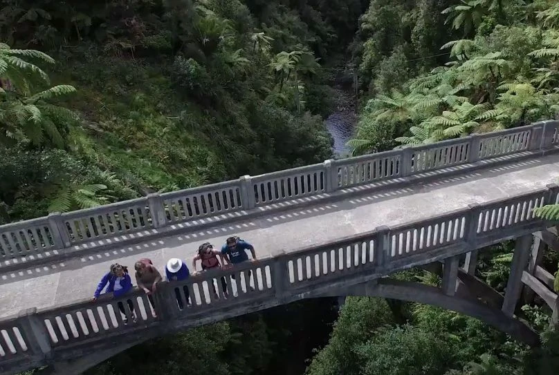 People look over Taumarunui bridge to nowhere amidst NZ native bush