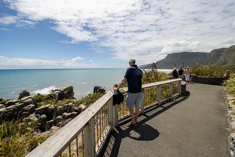 Man looking over Punakaiki Pancake Rocks and Blowholes