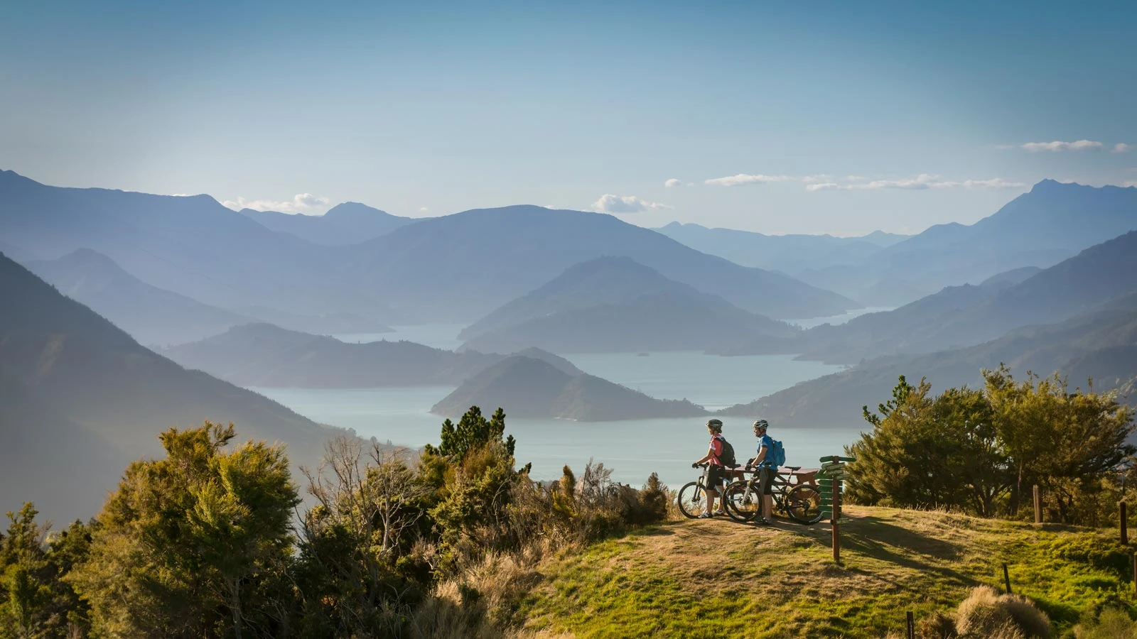 People biking with view over Queen Charlotte Sounds in Picton