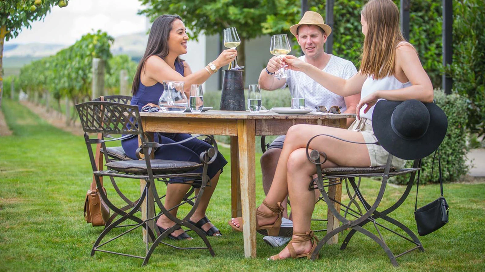 3 friends toasting with a glass of wine at a martinborough vineyard