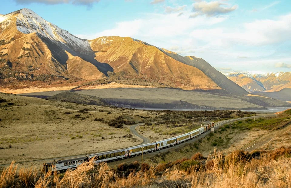 Aerial view of the TranzAlpine passing through Long Hill