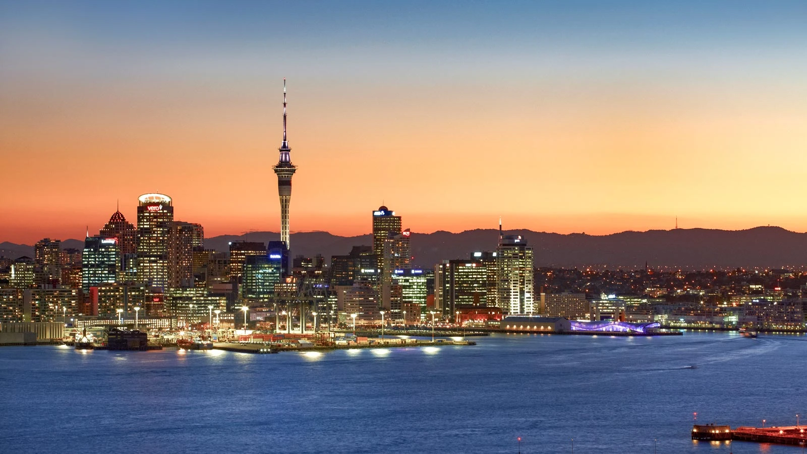 Auckland skyline at sunset viewed from the North Shore