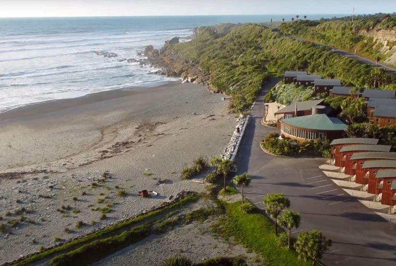 Aerial view of Scenic Hotel Punakaiki on the shore