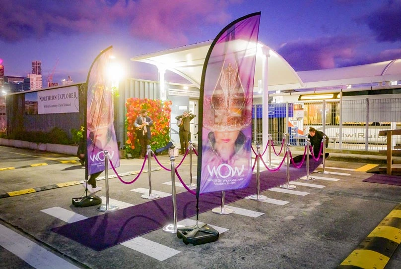 Northern Explorer WOW train purple carpet at Auckland Strand Railway Station