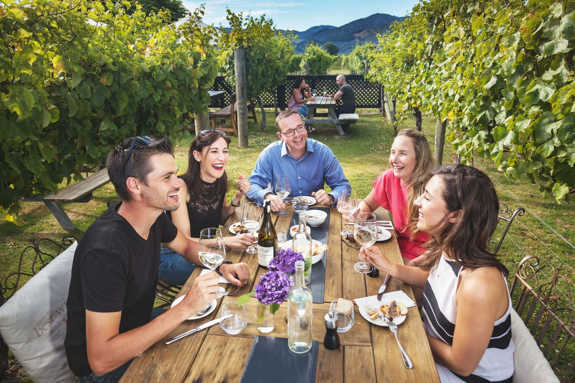 group of 5 at a picnic table in a wine vineyard enjoying a meal