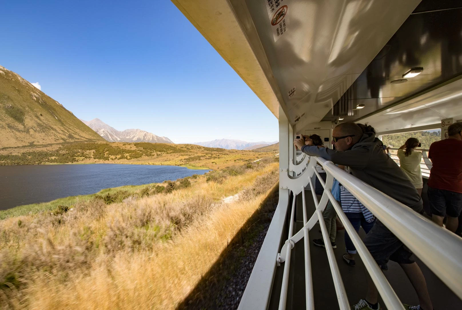 TranzAlpine inside viewing carriage at Lake Sarah