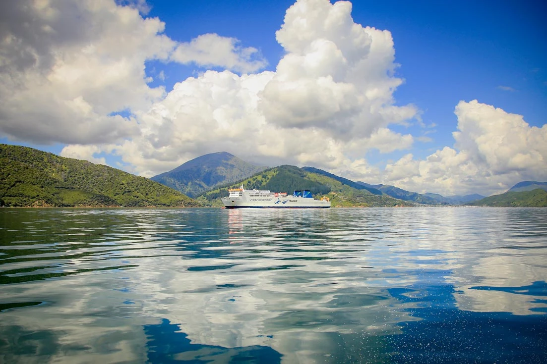 Interislander ship, the Kaiārahi, cruising through Queen Charlotte Sound